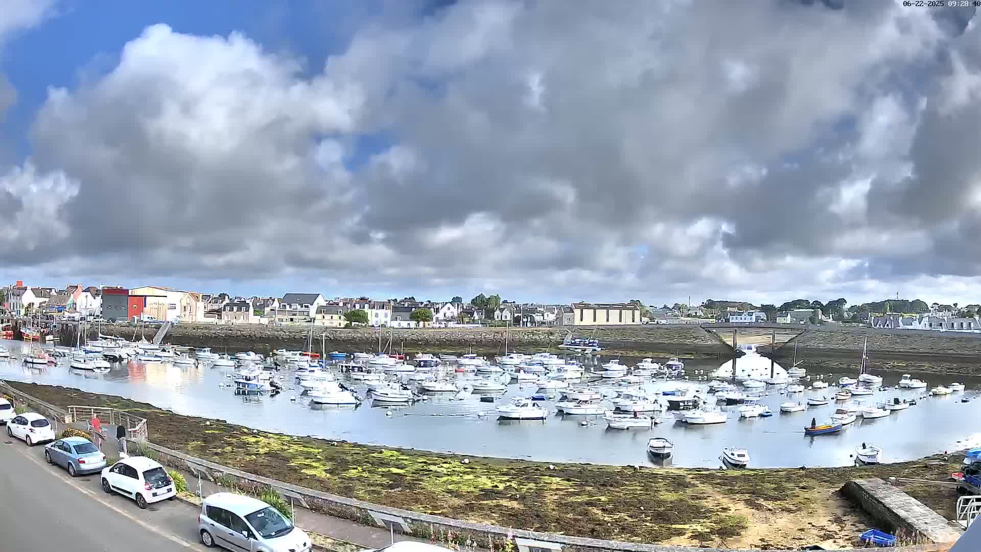 A harbor filled with numerous boats is nestled beside a town under a partly cloudy sky.