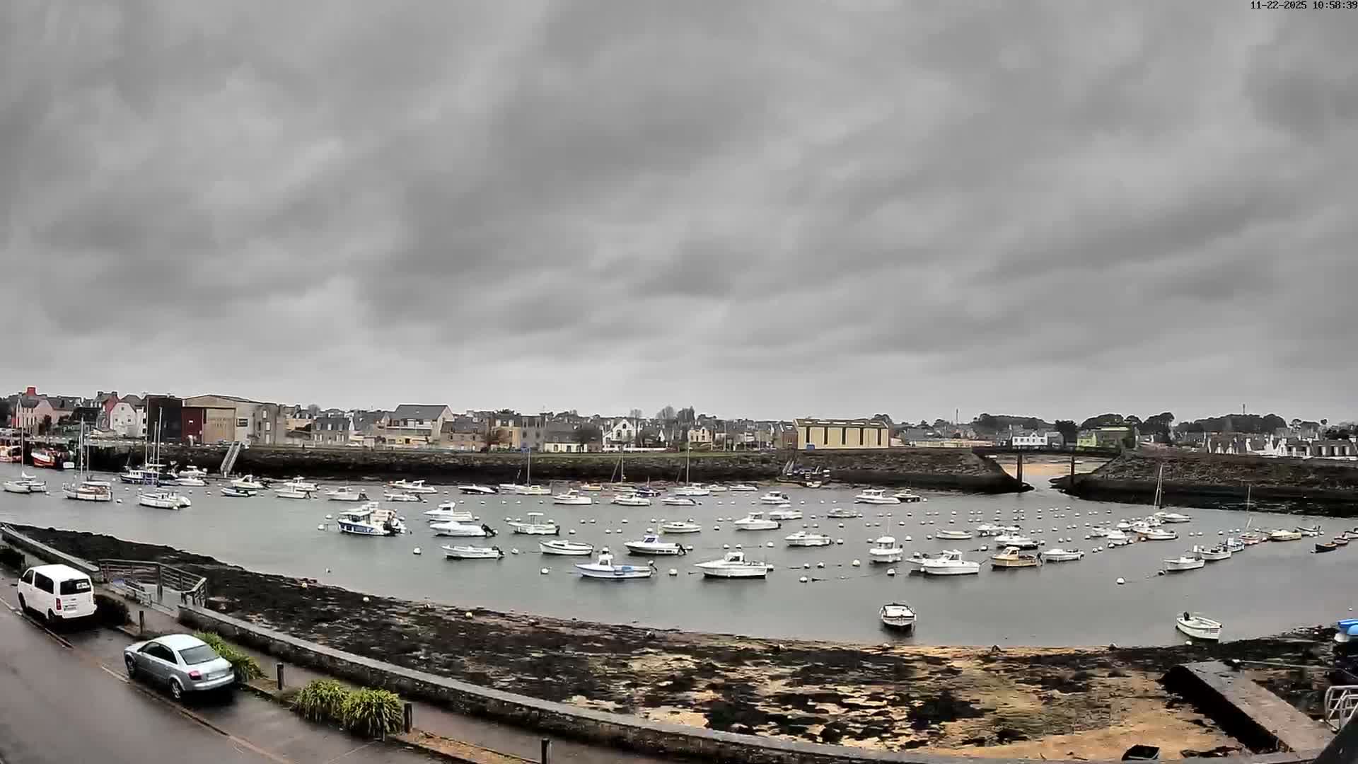 Numerous boats fill a narrow bay lined by a town and a wet road with parked cars, all beneath a heavily overcast, grey sky indicating dreary weather.