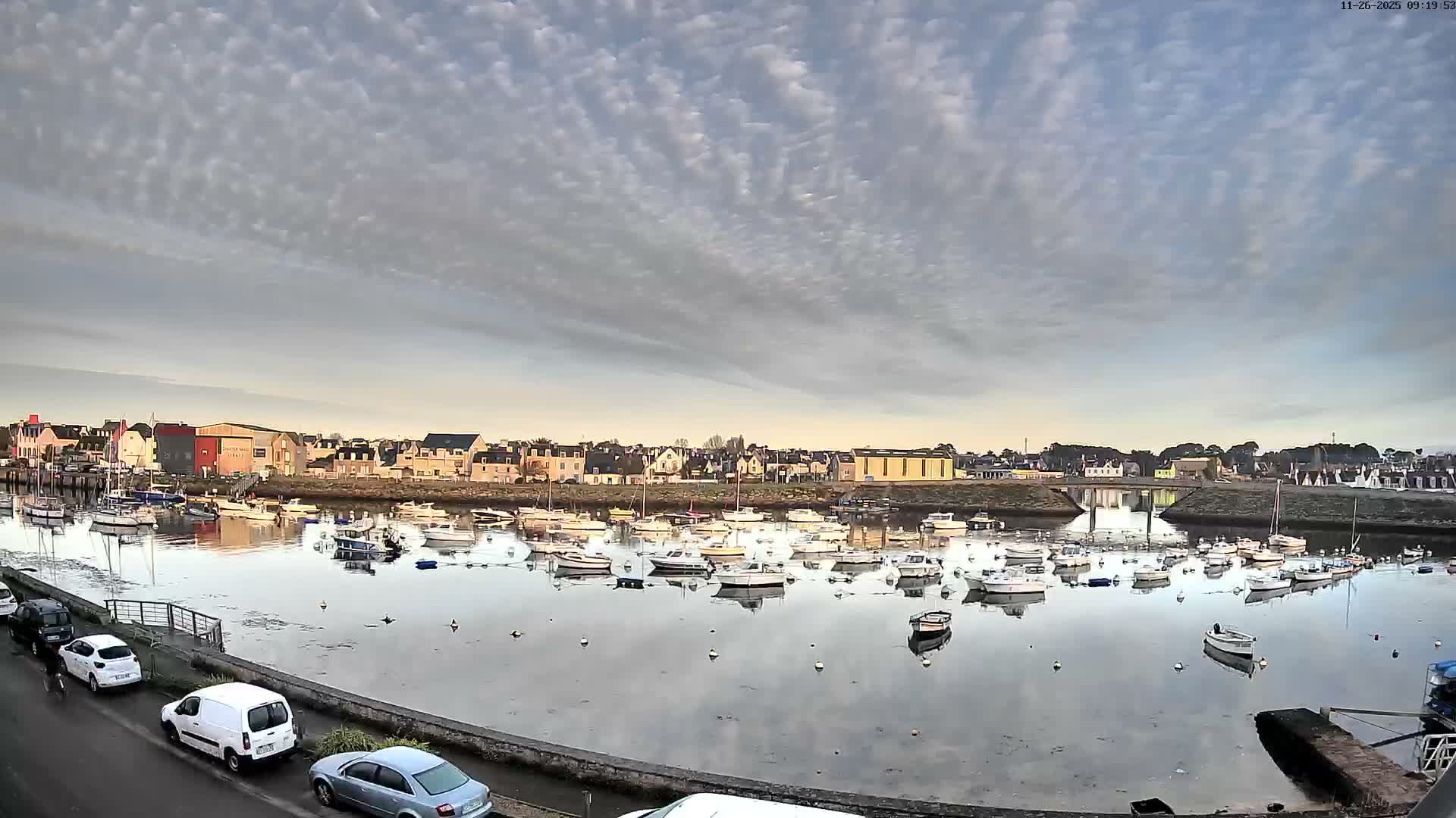 Numerous boats are moored in the calm, reflective waters of a harbor, bordered by a town's buildings on the far bank and a road with parked cars in the foreground, all under a cloudy sky.