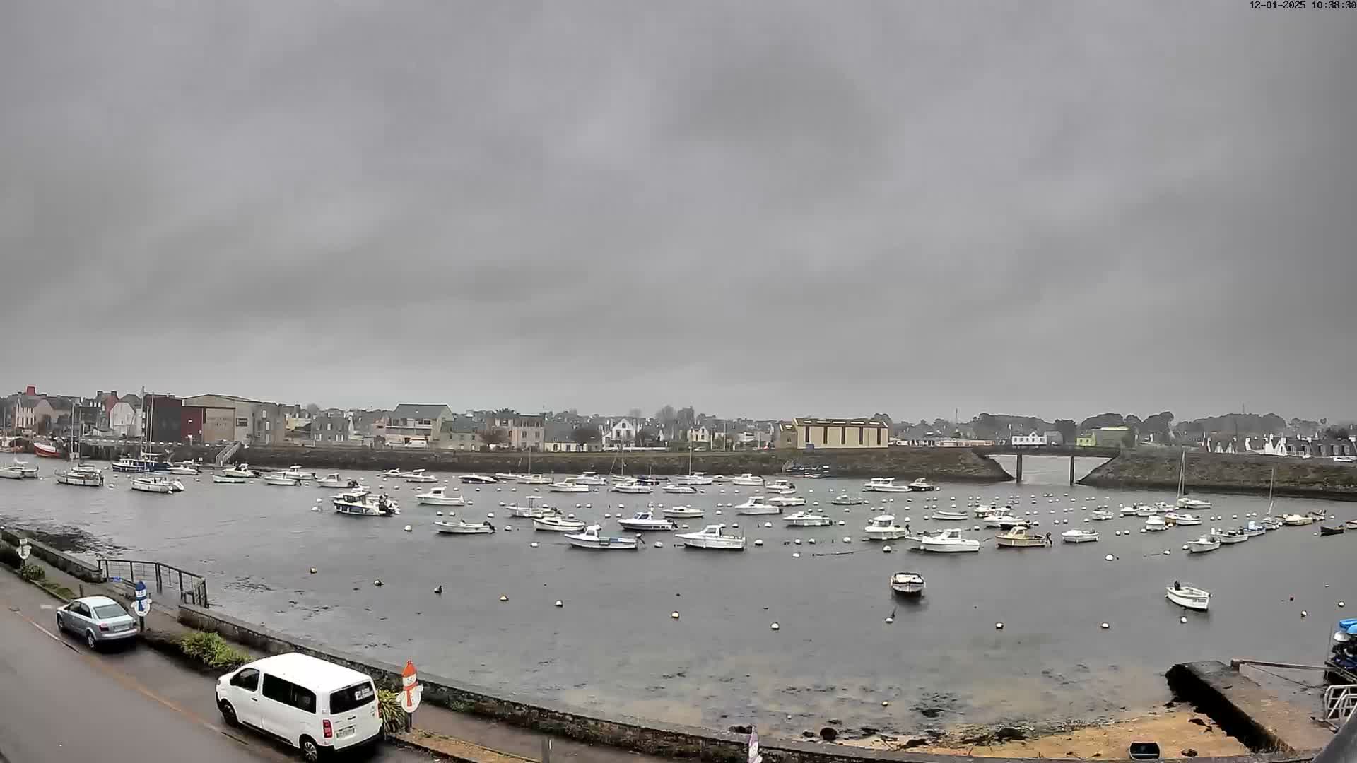 A gloomy, overcast day blankets a harbor filled with numerous boats, with a town lining the shore and a bridge visible in the background.