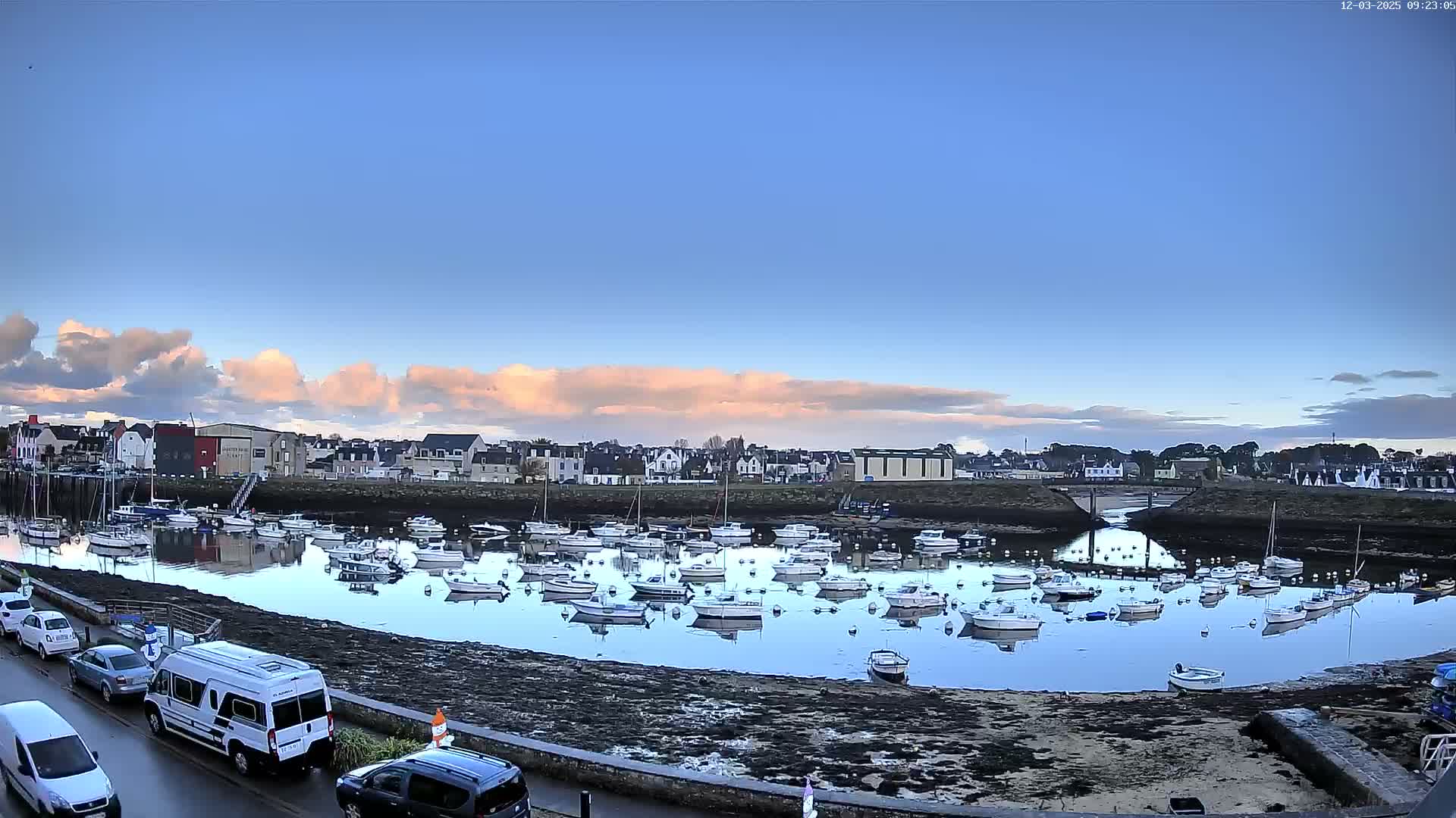 Numerous small boats dot a calm harbor reflecting a mostly clear blue sky with scattered, warm-hued clouds, flanked by a town with buildings and a roadside with parked vehicles under morning light.