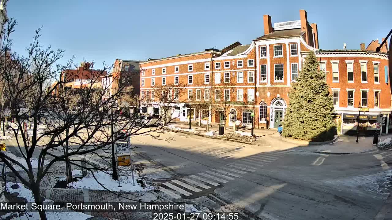 A sunny winter day reveals a brick building, shops, and a tree in a town square with some snow on the ground and street.