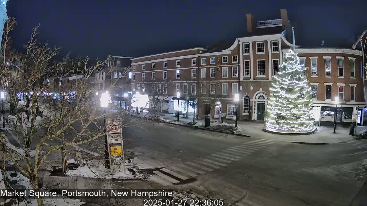 A snow-dusted town square at night features a large, illuminated Christmas tree in front of brick buildings, with streetlights illuminating the scene.