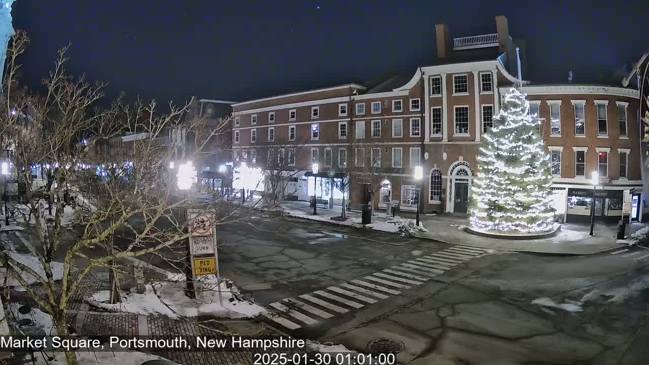 A snow-dusted town square at night features a large, illuminated Christmas tree in the center, surrounded by brick buildings and bare trees under a clear, dark sky.