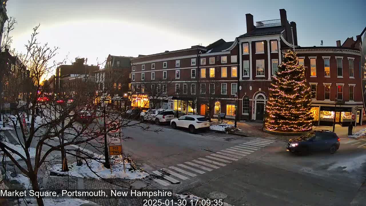 A town square at dusk in the winter, with a large illuminated Christmas tree in the center, several cars on the street, and snow on the ground.