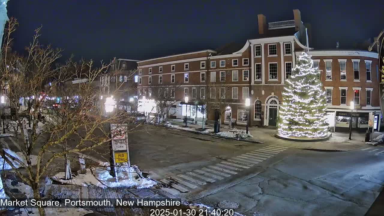 A nighttime view of a town square with a large, illuminated Christmas tree in the center, surrounded by brick buildings and snow-covered ground.