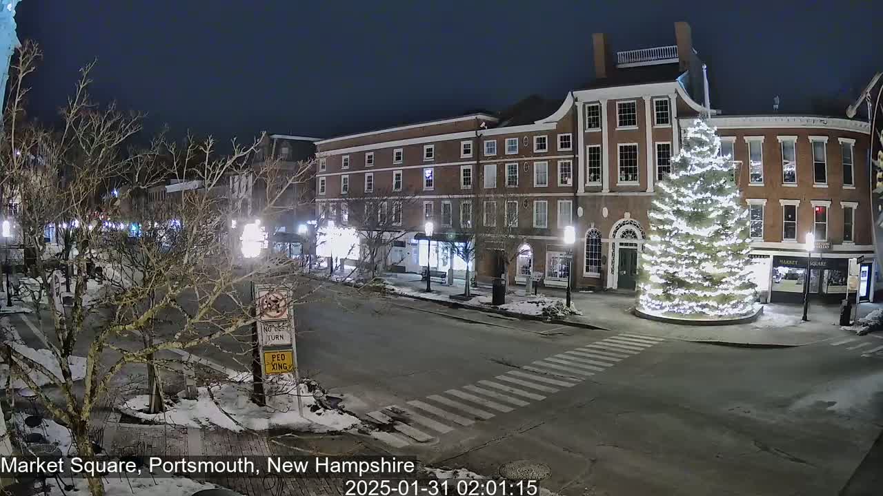 A snow-covered, nighttime scene shows a town square with a large illuminated Christmas tree in the center, surrounded by brick buildings and streetlights.
