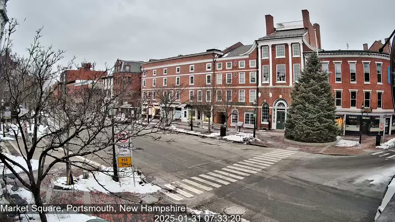 A snow-dusted street scene shows a row of brick buildings under an overcast sky, with a pedestrian crossing in the foreground and bare trees lining the street.