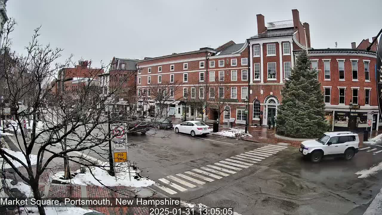 A city square with brick buildings, bare trees, and some snow on the ground under an overcast sky, shows cars crossing a pedestrian crosswalk.