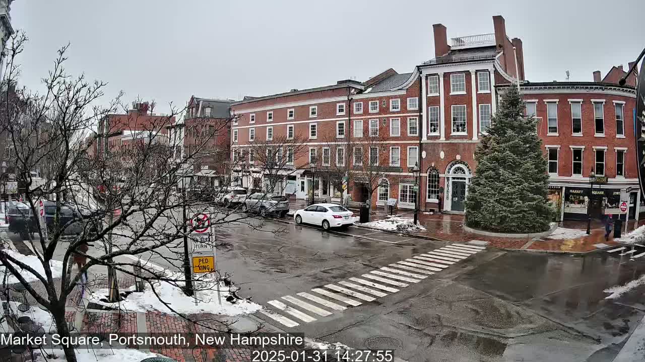 A wet, overcast day in a city square shows several brick buildings, sparse, leafless trees, and a few cars parked and driving on the street.