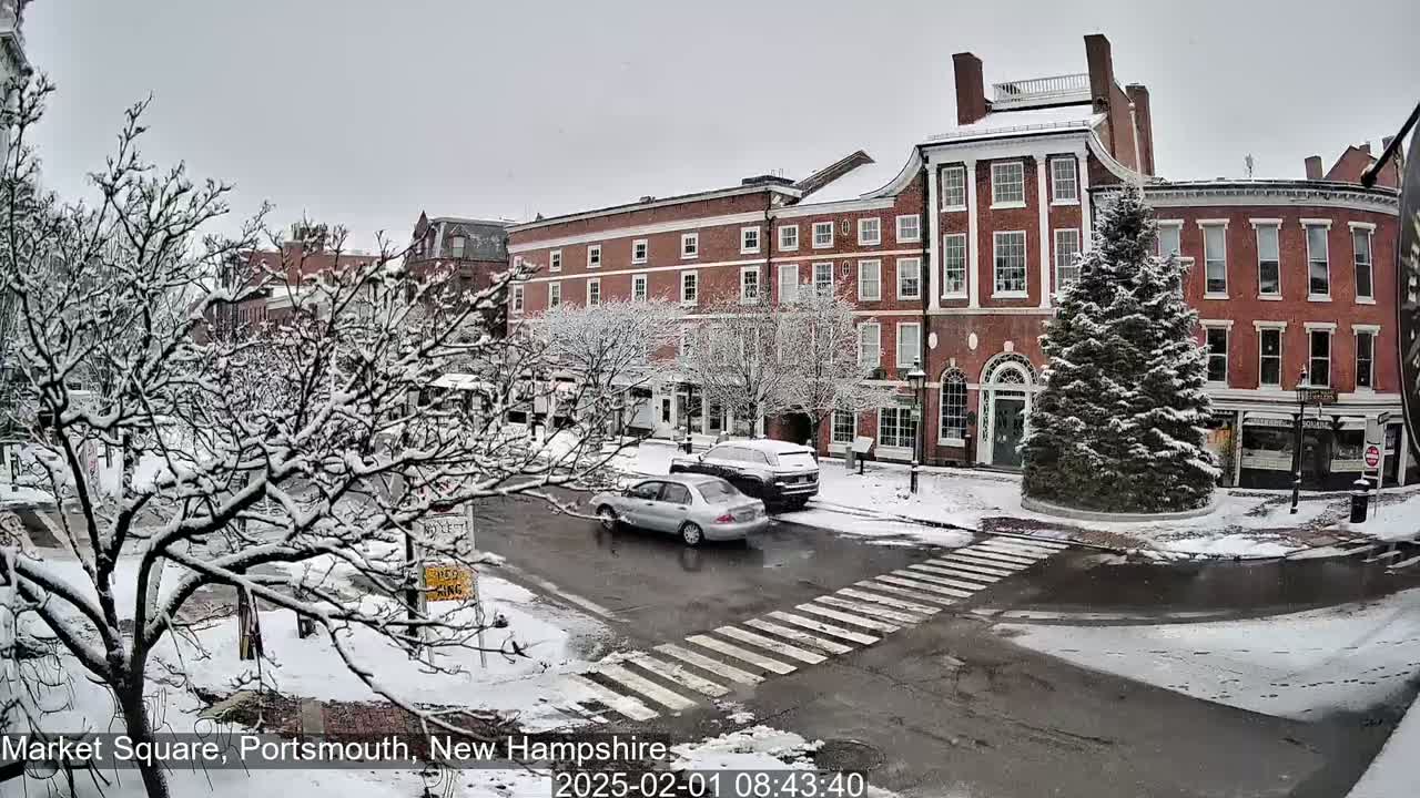 Snow-covered trees and brick buildings line a snow-covered street with a few cars at an intersection in a town square.