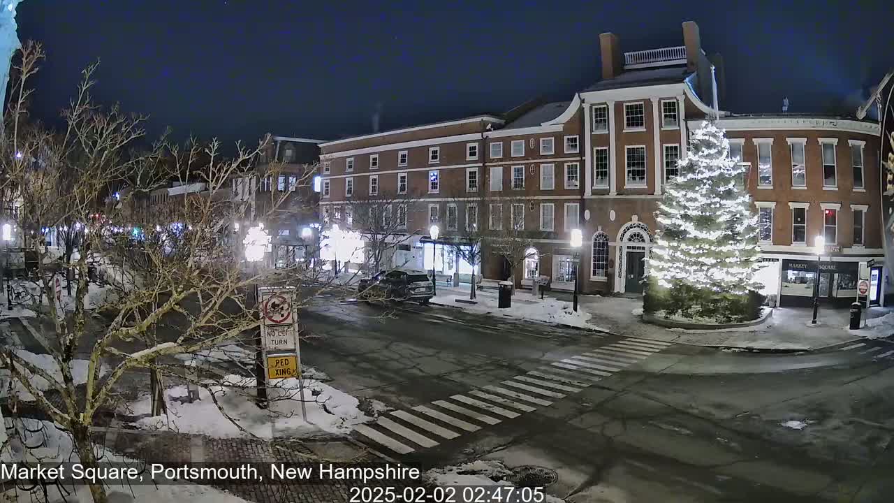 A snow-covered town square at night, featuring a large, illuminated Christmas tree in front of brick buildings under a dark sky.