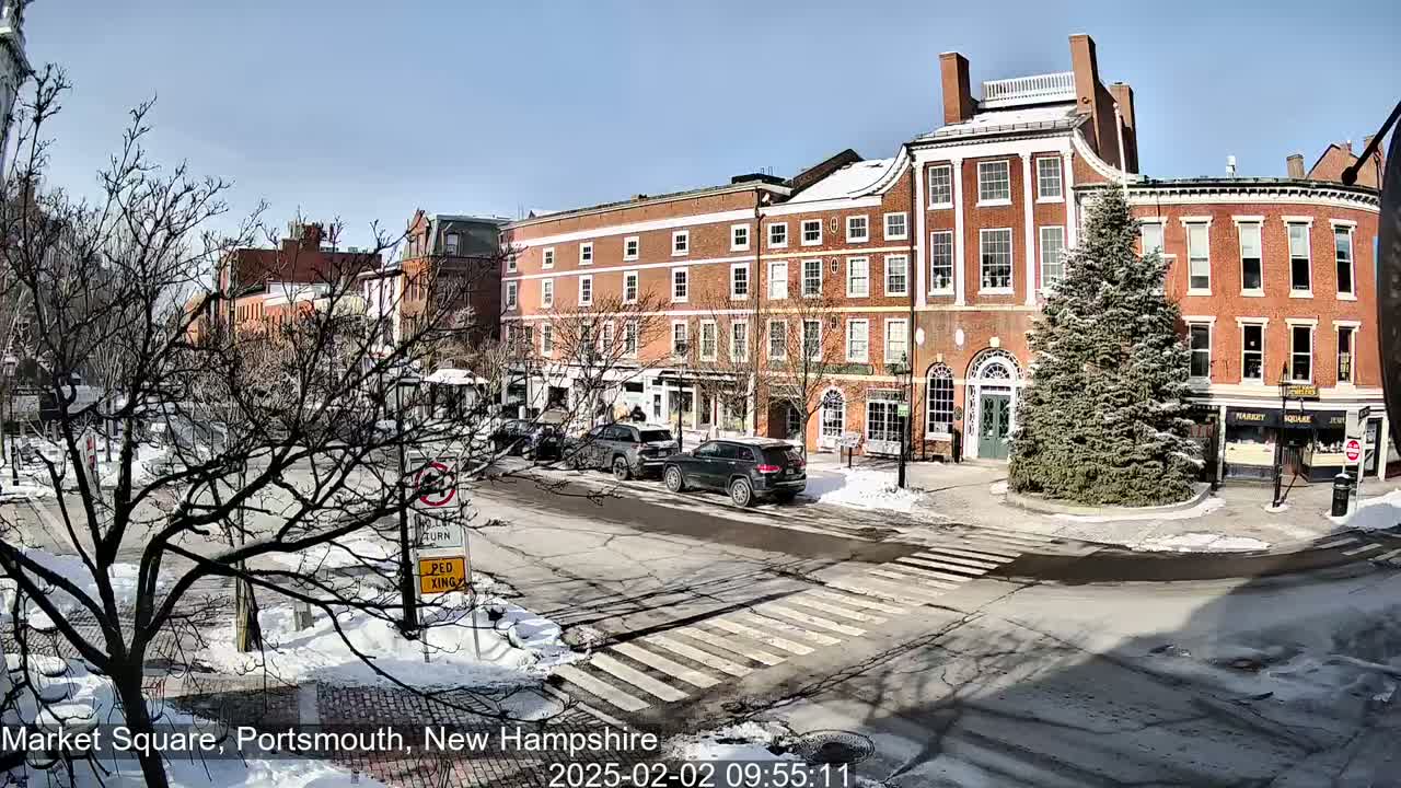 A sunny winter day in a snow-dusted town square, featuring brick buildings, parked cars, and a snow-covered evergreen tree in the center.