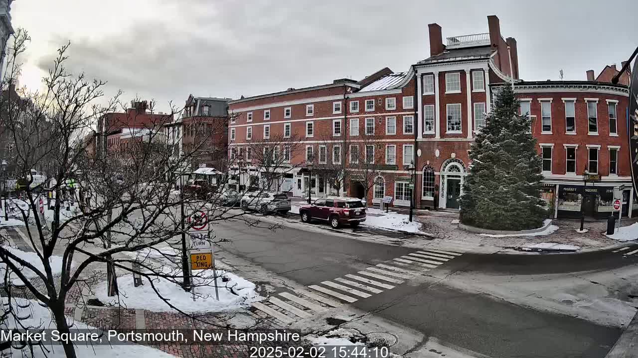 A snow-covered street scene shows several brick buildings, cars parked along the curb, and a pedestrian crossing in front of a large evergreen tree.