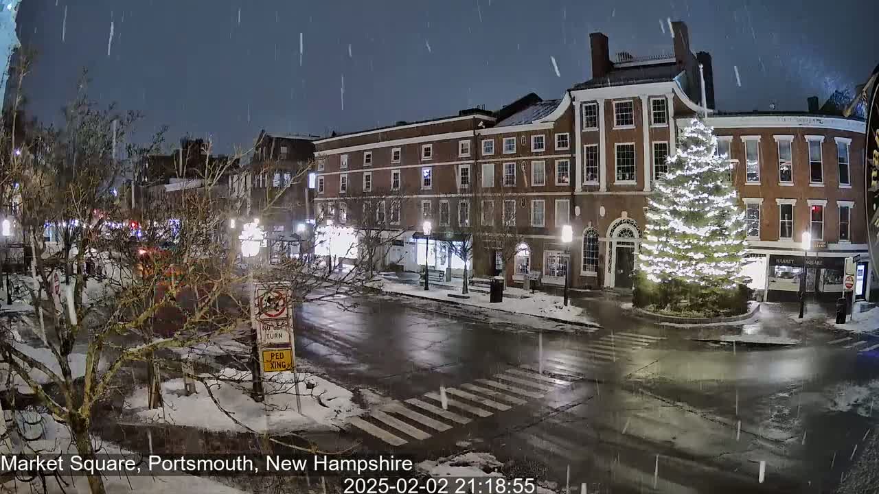 A snow-covered town square at night, featuring a large illuminated Christmas tree in the center, with several brick buildings lining the street.