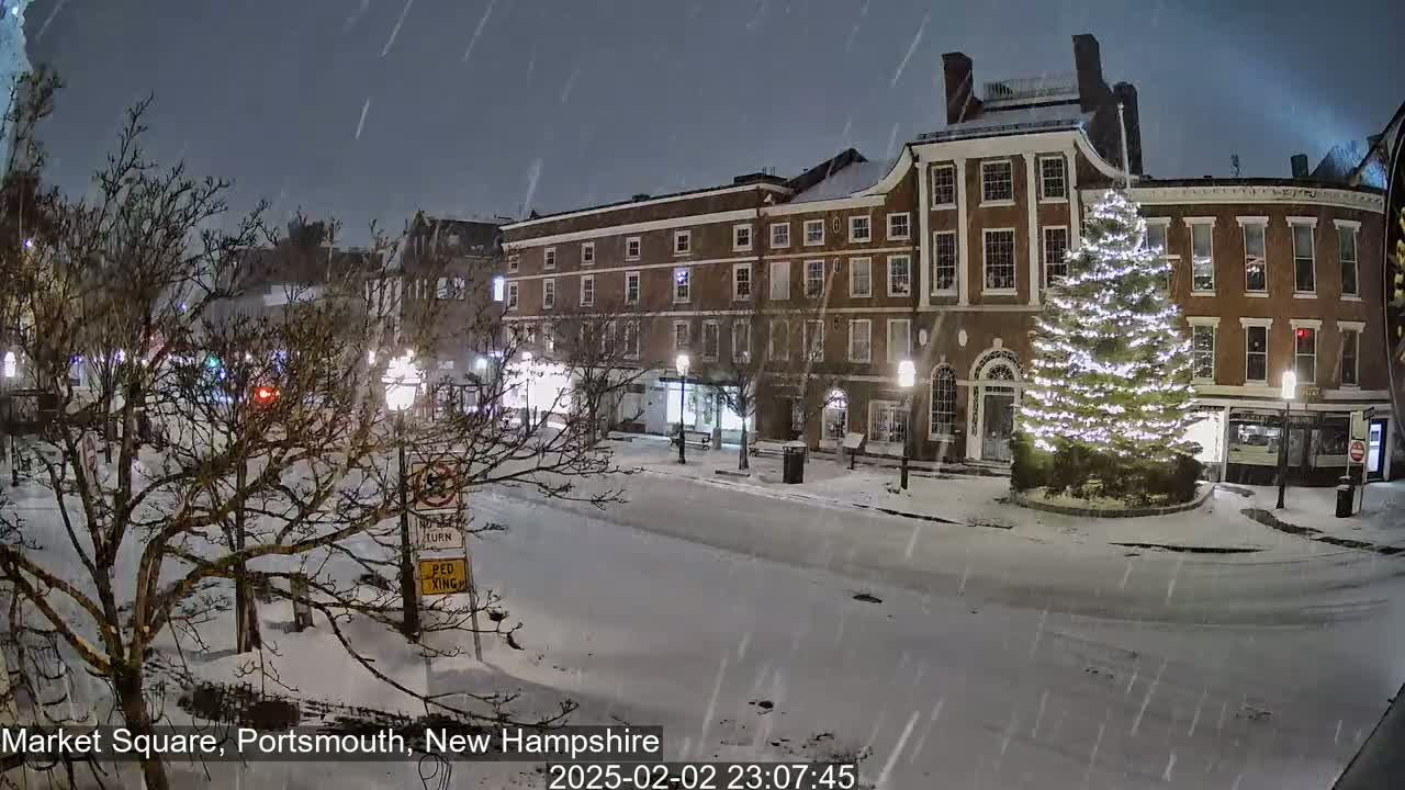 A snow-covered town square at night, featuring a large illuminated Christmas tree in front of brick buildings, with falling snow.