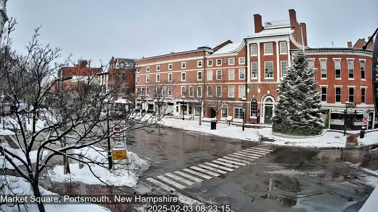 A snow-covered street scene shows a brick building complex with a crosswalk and a snow-covered evergreen tree in the foreground, under an overcast sky.