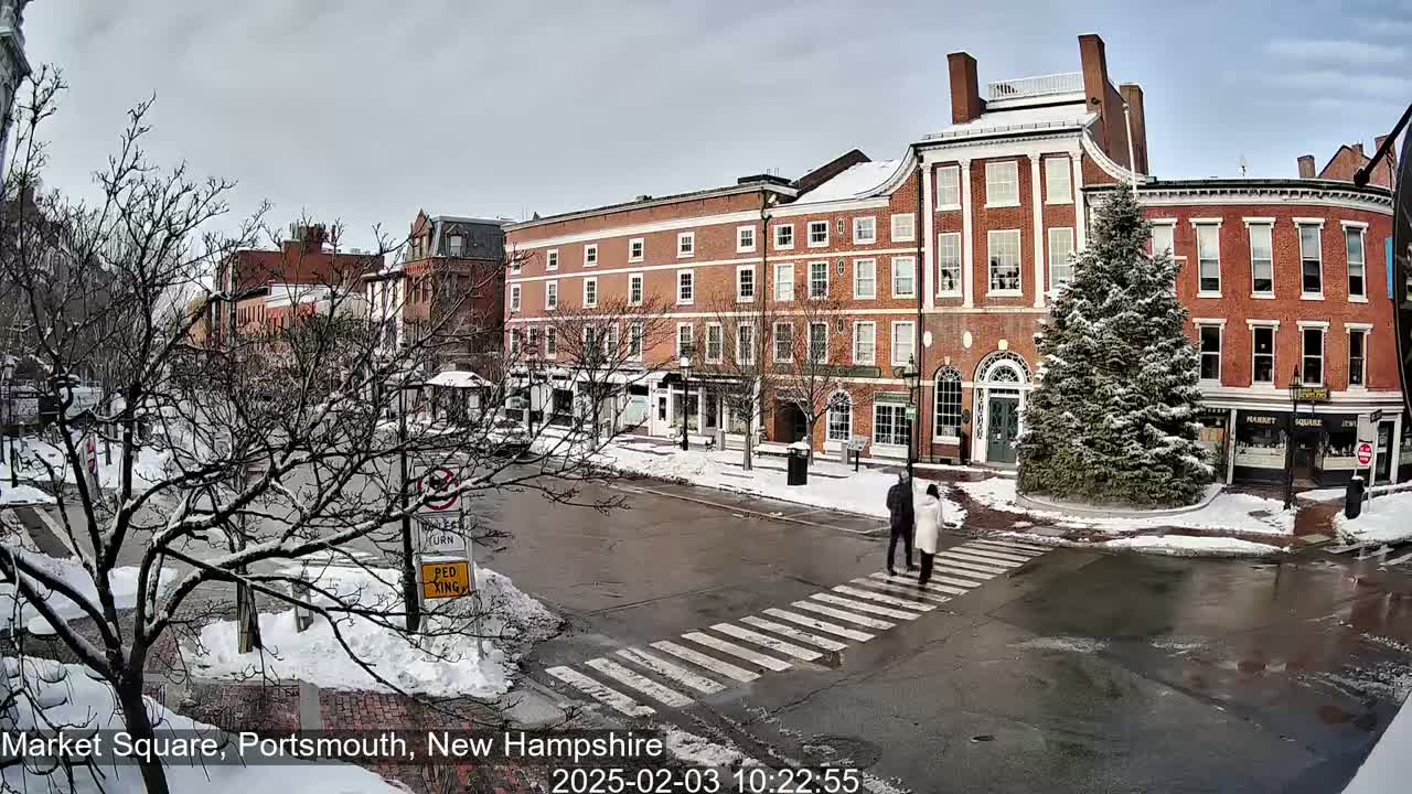 A snow-covered town square with brick buildings, bare trees, and two people crossing a pedestrian crossing.