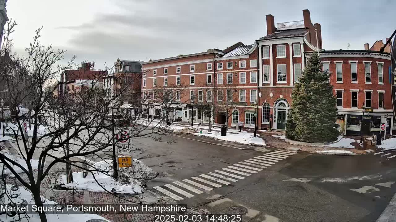 A snow-dusted town square features several brick buildings, bare trees, and a crosswalk under an overcast sky.