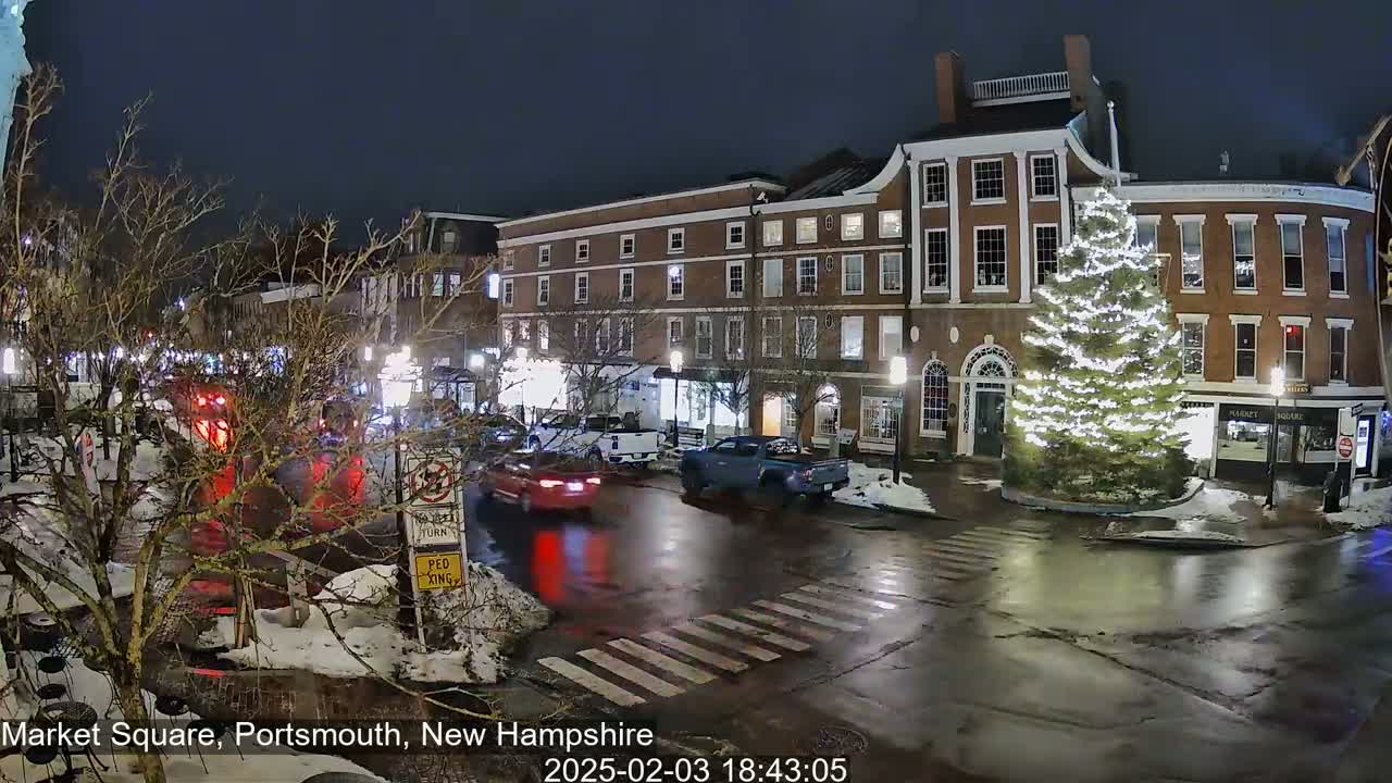 A wet, nighttime scene of a town square with several cars and a large illuminated Christmas tree in front of brick buildings.