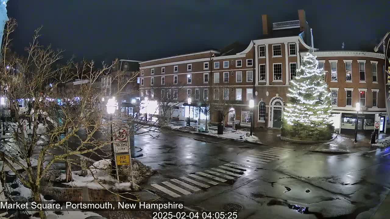 A nighttime view of a town square with a large, illuminated Christmas tree in the center, surrounded by brick buildings, wet streets, and bare trees under a dark sky.