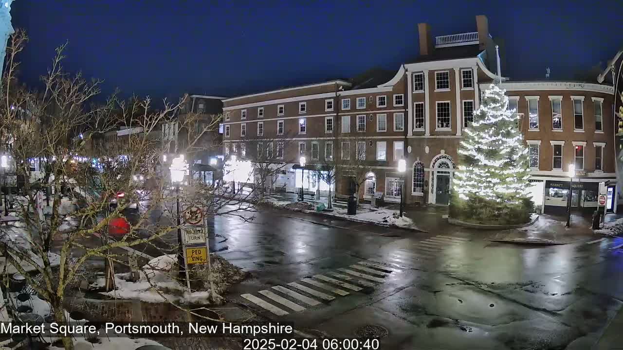 A nighttime view of a town square with wet streets, a large illuminated Christmas tree, and several brick buildings under a dark, clear sky.