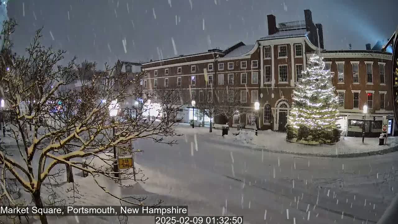 A snow-covered town square at night, featuring a large illuminated Christmas tree in front of a brick building, under falling snow.