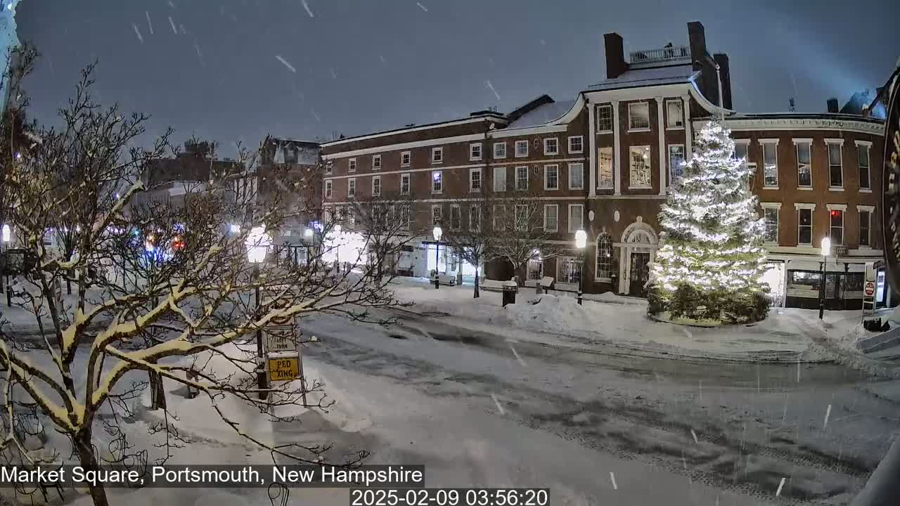 A snow-covered town square at night, featuring a large illuminated Christmas tree in front of brick buildings, with light snow falling.