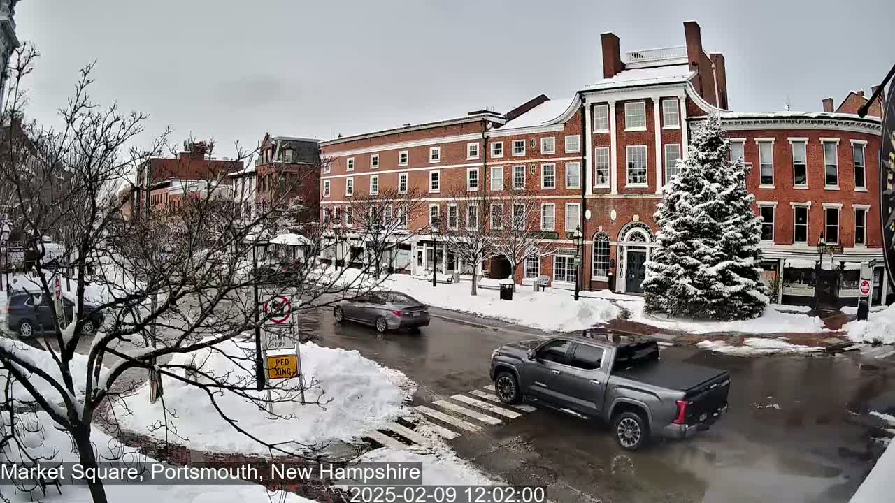 A snow-covered town square with brick buildings, a few cars, and a snow-covered evergreen tree in the foreground, under an overcast sky.