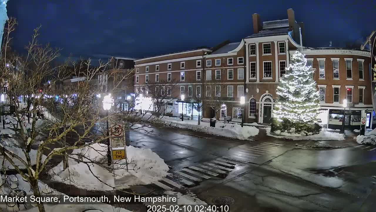 A snow-covered town square at night features a large illuminated Christmas tree in front of brick buildings under a dark sky.