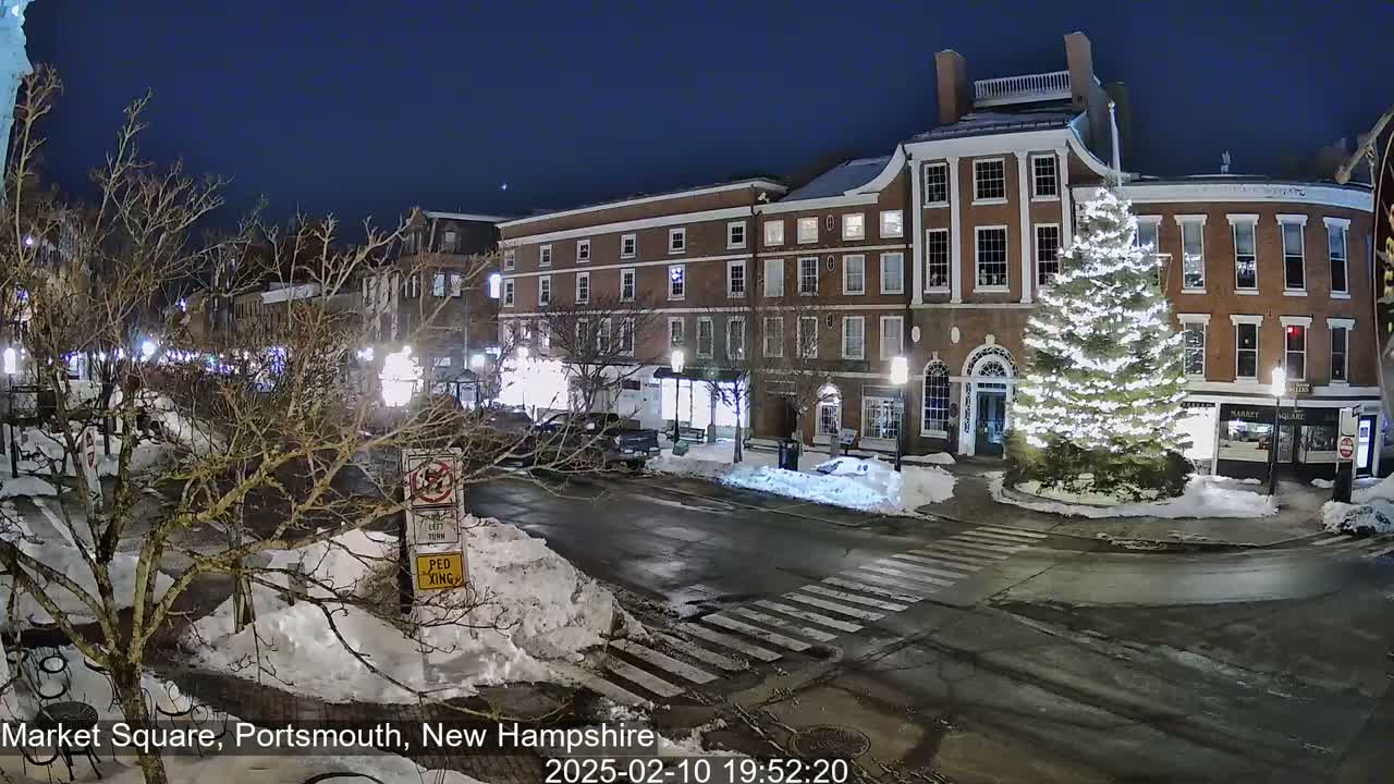 A snow-covered town square at night, featuring a large illuminated Christmas tree in front of brick buildings under a clear, dark sky.