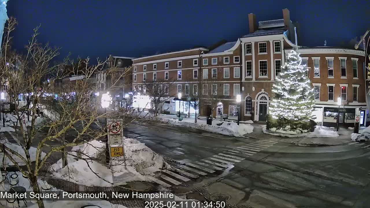 A snow-covered town square at night, illuminated by streetlights, features brick buildings, a large decorated Christmas tree, and bare trees.