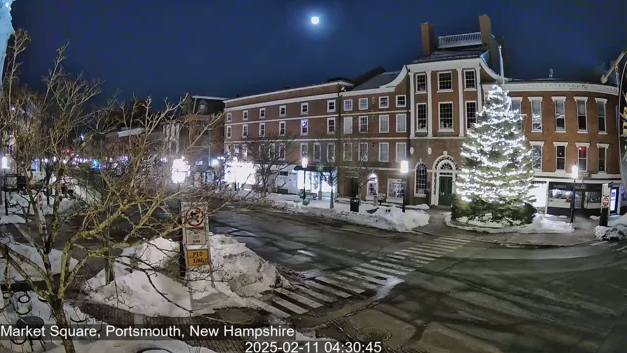 A snow-covered town square at night, illuminated by streetlights and a large, brightly lit Christmas tree in front of brick buildings, under a clear sky with a visible moon.