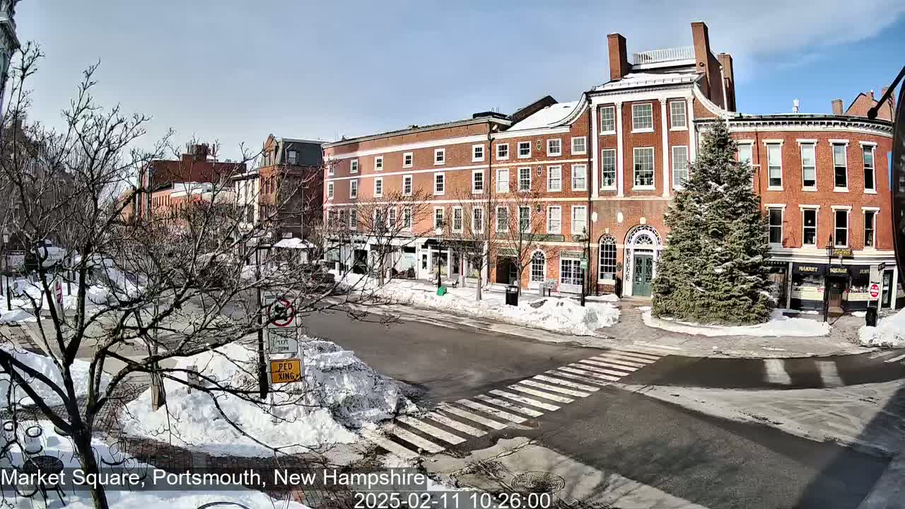 A sunny day in a snow-covered town square shows several brick buildings, a crosswalk, and a snow-covered evergreen tree.