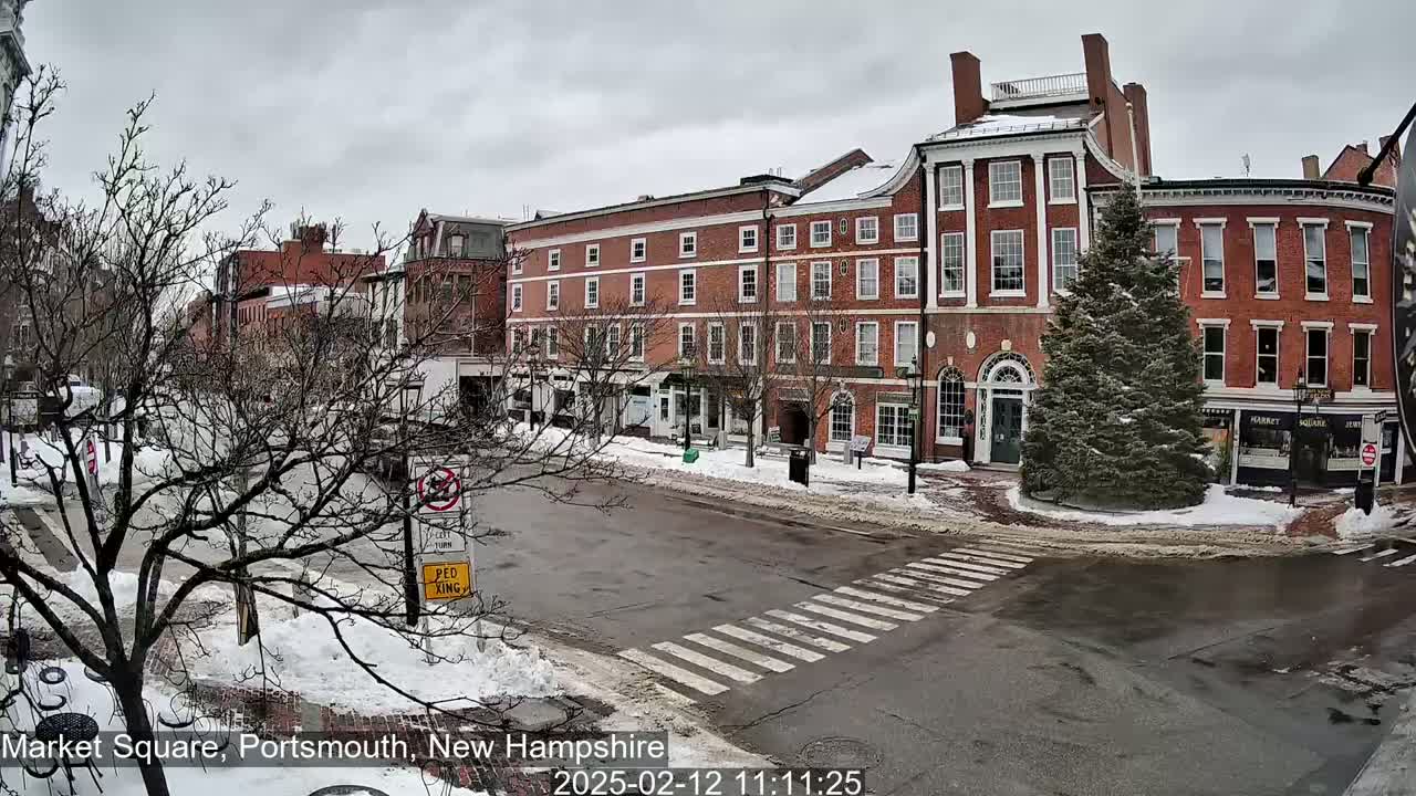 A snow-covered town square shows several brick buildings, a crosswalk, and a few bare trees under a gray sky.