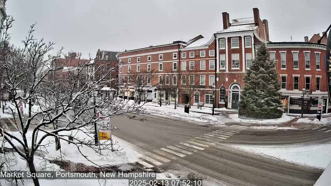 A snow-covered town square with brick buildings and bare trees under a gray sky.