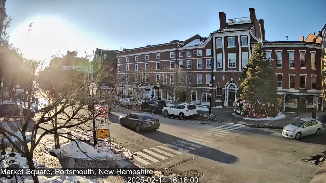 A sunny day in a city square, with several cars parked and driving on the street in front of brick buildings, one of which has a large evergreen tree and colorful plants at its base.