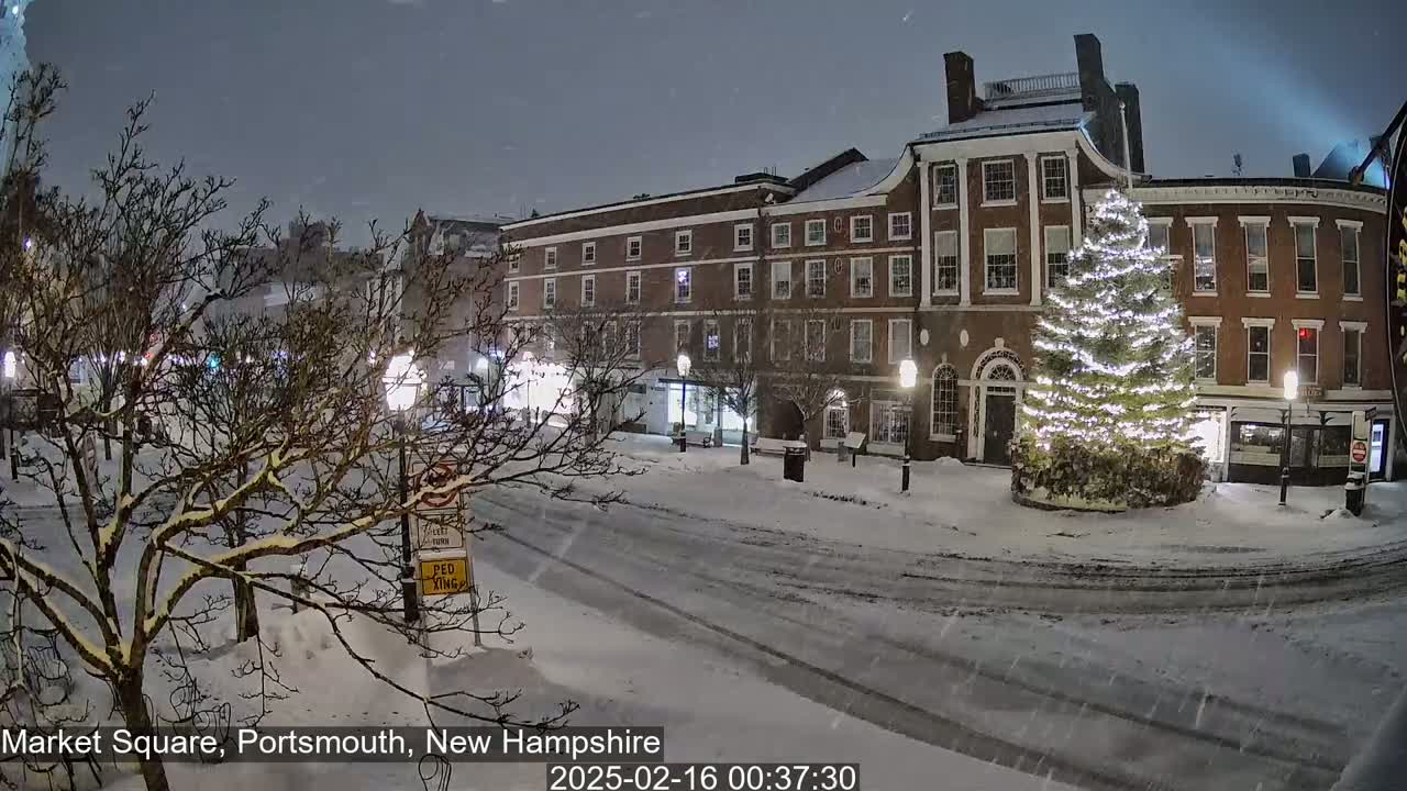 A snow-covered town square at night features a large, illuminated Christmas tree in front of brick buildings under falling snow.