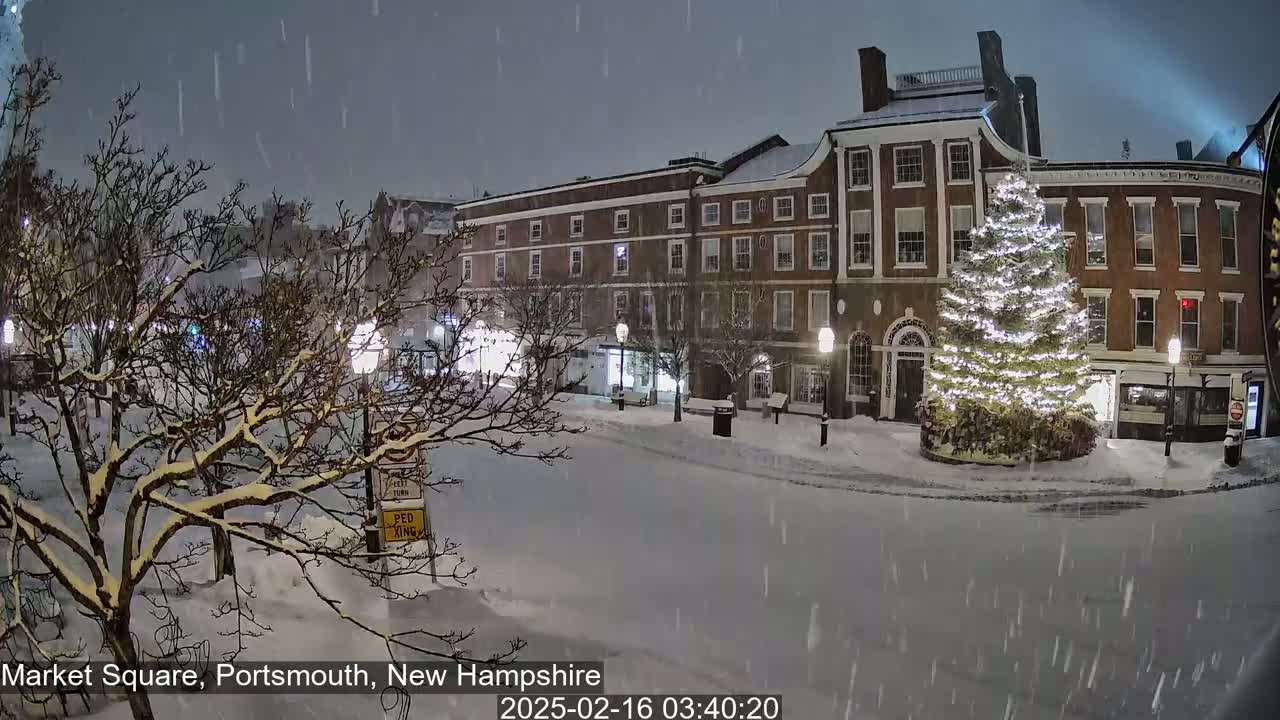A snow-covered town square at night features a large illuminated Christmas tree in front of brick buildings under falling snow.
