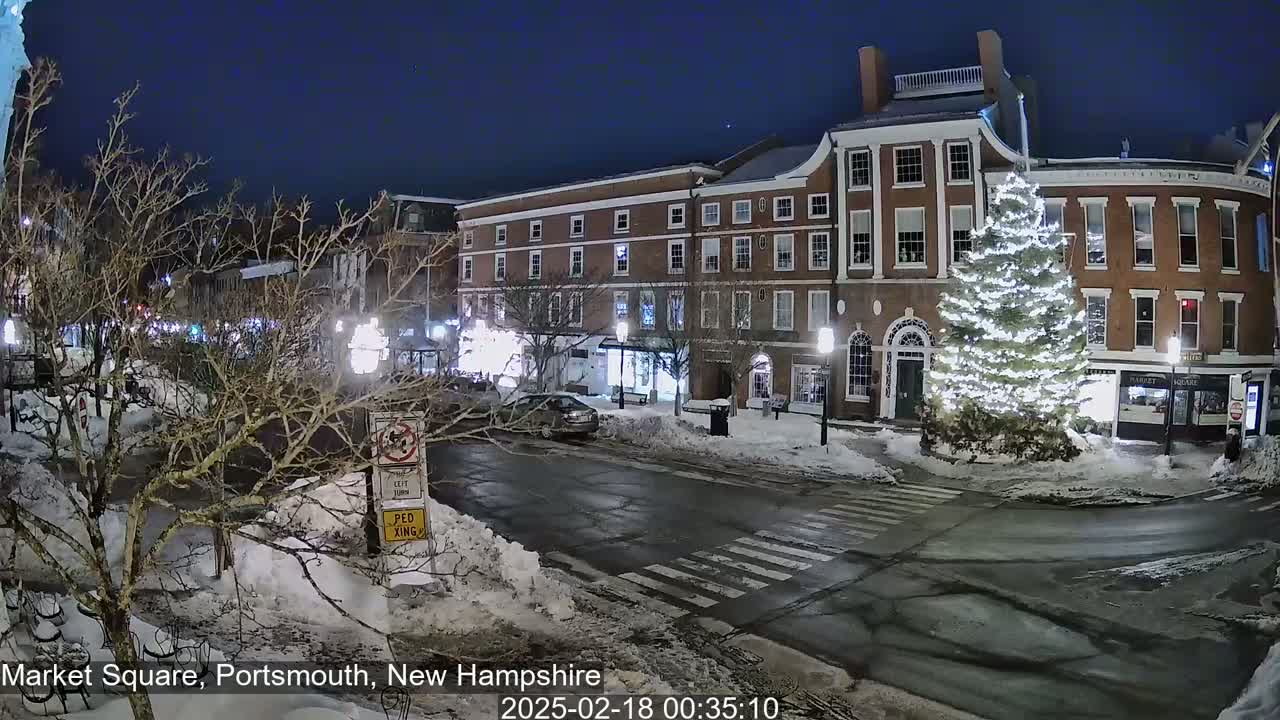 A snow-covered town square at night features a large, illuminated Christmas tree in front of brick buildings under a dark, clear sky.