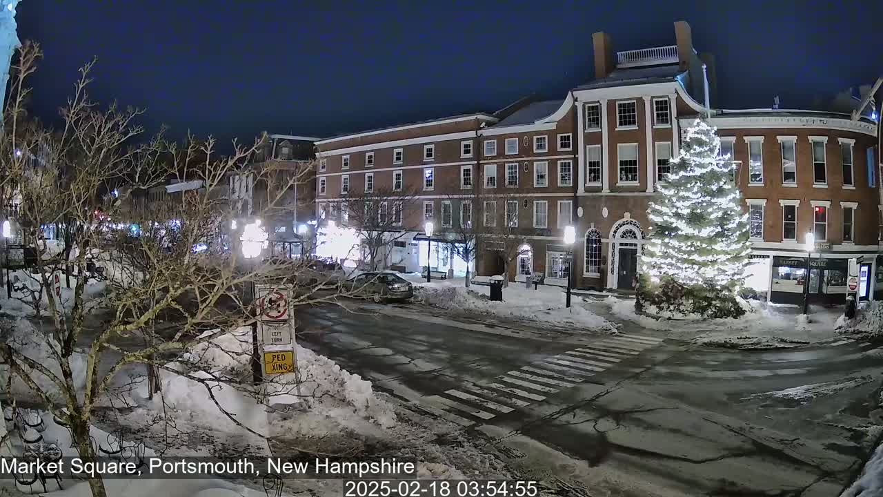 A snow-covered town square at night, featuring a large illuminated Christmas tree in front of brick buildings under a dark sky.
