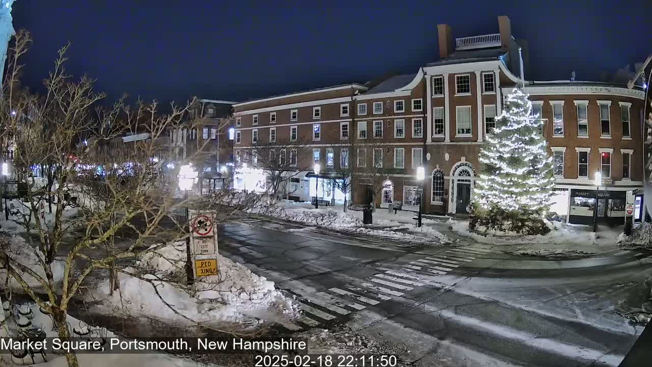 A snow-covered town square at night, featuring a large illuminated Christmas tree in front of brick buildings under a dark sky.