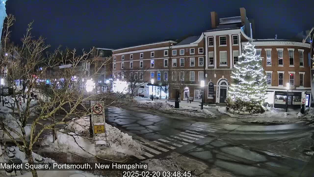 A snow-covered town square at night features a large, illuminated Christmas tree in front of brick buildings under a dark sky.