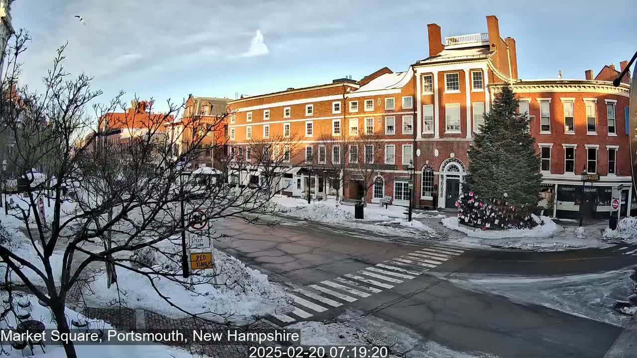 A snow-covered town square with brick buildings, a large evergreen tree decorated with objects, and a pedestrian crossing under a partly cloudy sky.