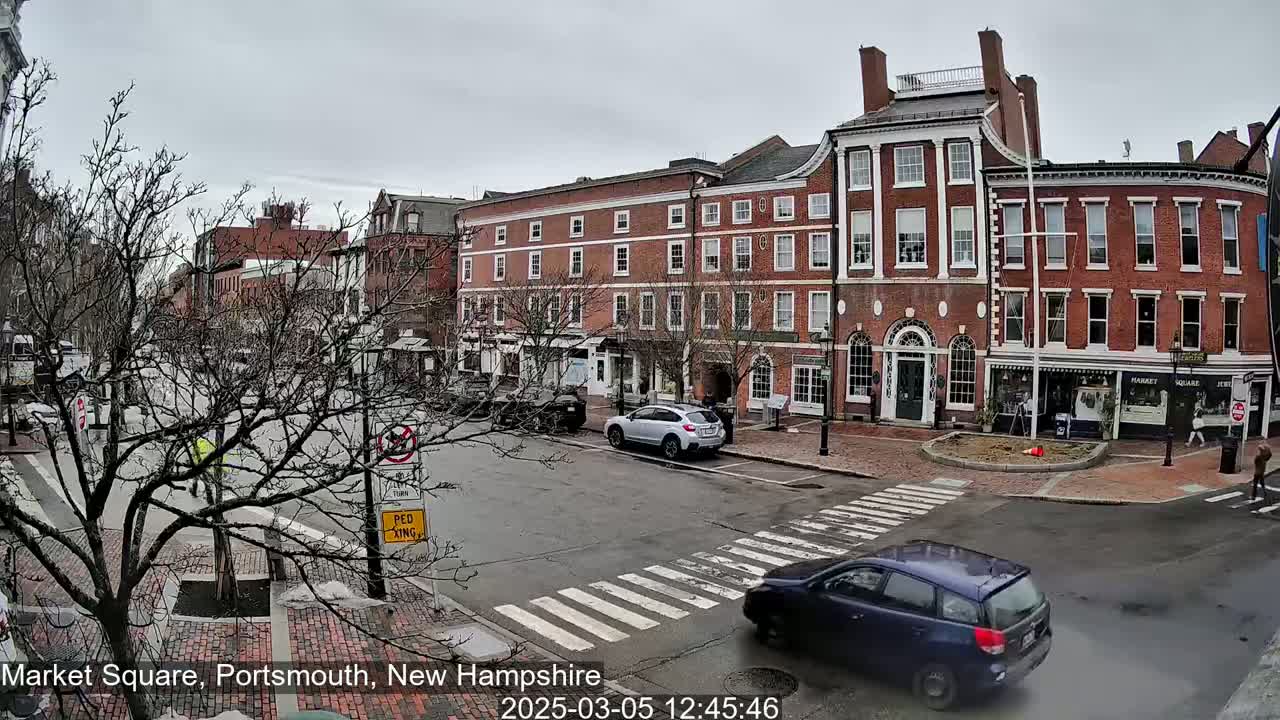A city square with brick buildings and bare trees under an overcast sky, cars are parked and driving on the street.