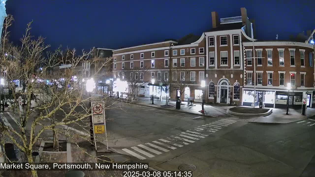 A nighttime view of a brick-lined street with shops and buildings, under a clear, dark blue sky.