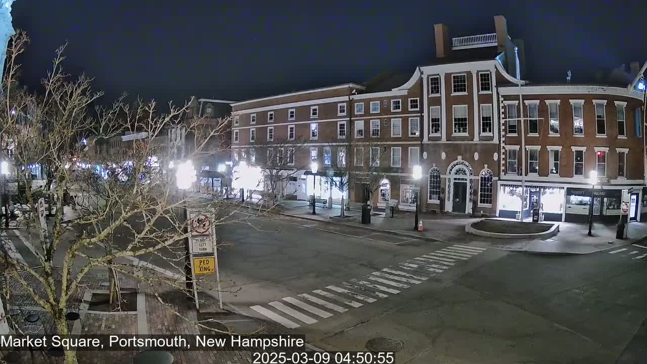 A nighttime view of a mostly empty town square with brick buildings, bare trees, and streetlights.