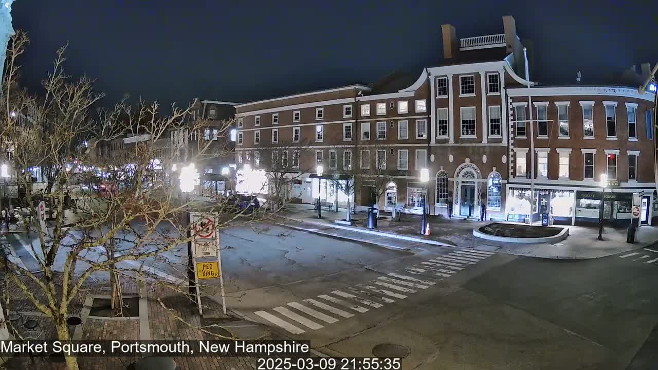 A nighttime, snow-free view of a brick building and street in a town square, with several bare trees and streetlights illuminating the scene.