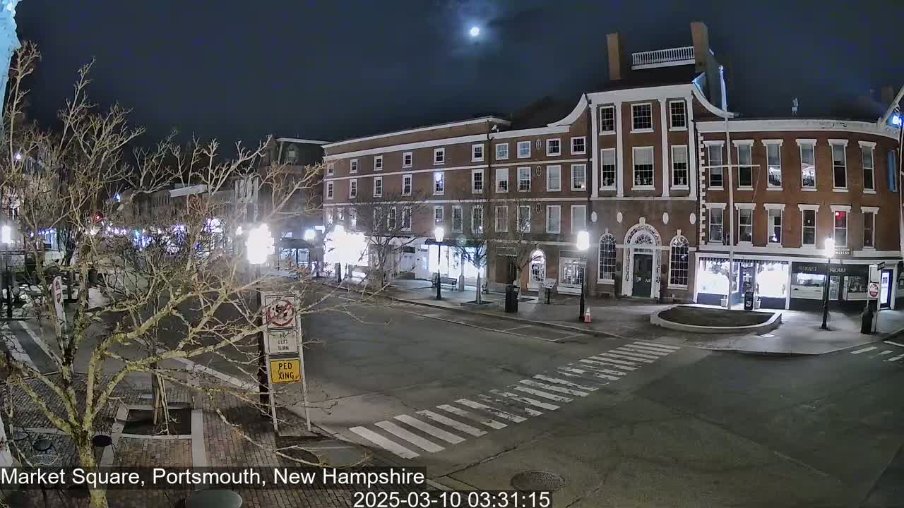 A moonlit nighttime view of a brick-lined street with several buildings and bare trees, showing a mostly empty town square.