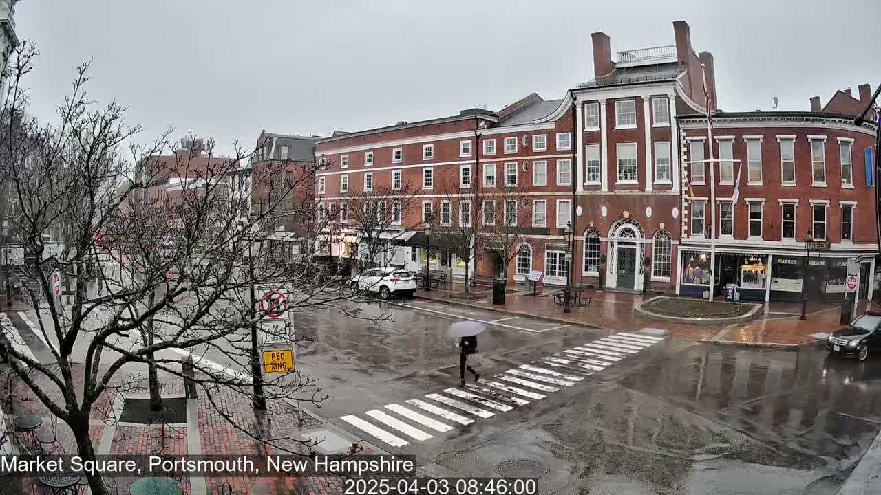 A person with an umbrella crosses a rain-slicked street in front of brick buildings in a town square.